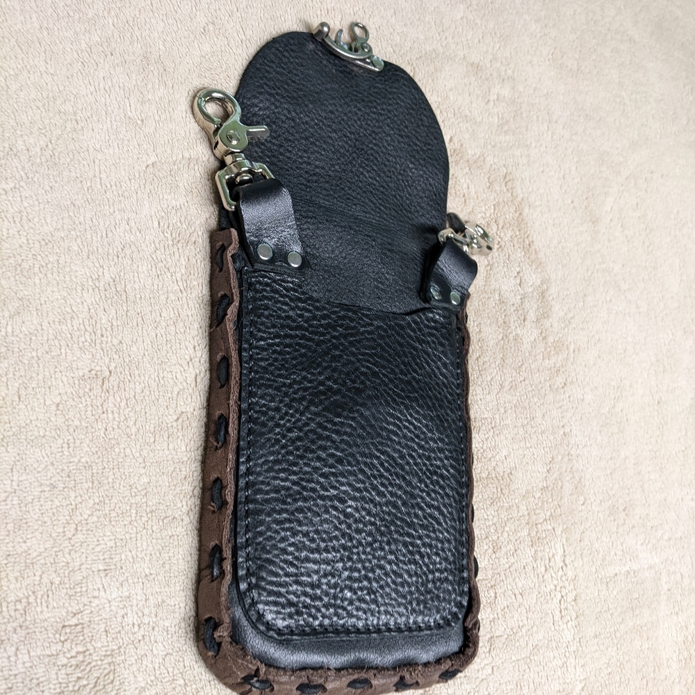 Handmade Clip on purse Leather 2 toned black brown 3 compartments woven sides - Picture 2 of 9